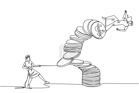 Ilustración de Single one line drawing Arab businessman pull one of piles of coins who made person on top fall. Business fraud. Misappropriation of office money. Traitor. Continuous line design graphic illustration - Imagen libre de derechos
