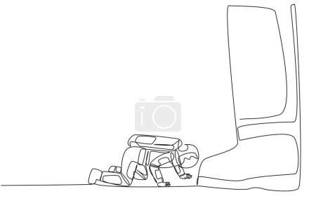 Téléchargez les illustrations : Single continuous line drawing young astronaut kneels and licks giant foot. The attitude of begging desperately to be granted permission for a space expedition. One line design vector illustration - en licence libre de droit