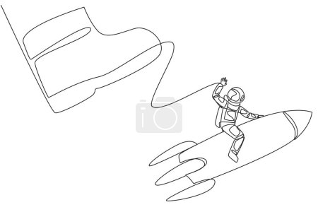 Illustration for Continuous one line drawing astronaut riding a rocket flies away from the giant foot. A bully who tries to ruin the flight schedule to the moon. Galaxy. Single line draw design vector illustration - Royalty Free Image