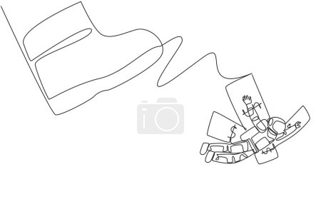 Illustration for Single one line drawing astronaut flying using banknote wings. Test flight to carry out a landing mission on the lunar surface. Cosmic galaxy outer space. Continuous line design graphic illustration - Royalty Free Image