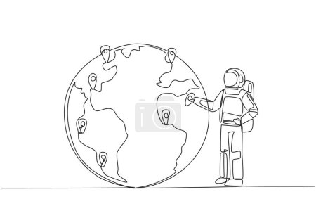 Ilustración de Continuous one line drawing astronaut places a pin location point on surface of globe. Mapping from space areas whose sustainability is urgently needed. Single line draw design vector illustration - Imagen libre de derechos