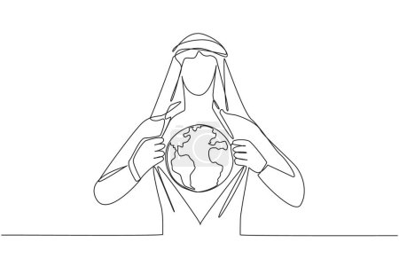 Ilustración de Continuous one line drawing Arab man unbuttons shirt revealing globe on chest. An invitation to always take care of the earth. For the beauty of the earth. Single line draw design vector illustration - Imagen libre de derechos