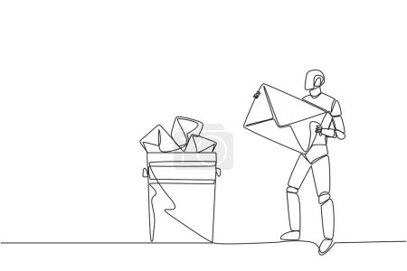 Ilustración de Single one line drawing robot throw large envelope in the trash. Eliminates the many bugs that plague artificial intelligence. Future technology concept. Continuous line design graphic illustration - Imagen libre de derechos