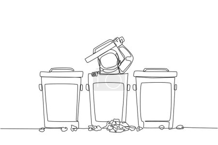Illustration for Single continuous line drawing astronaut peeking out of the trash can, there were lots of wads of paper. Failed expedition. Embarrassed. Cosmic galaxy outer space. One line design vector illustration - Royalty Free Image