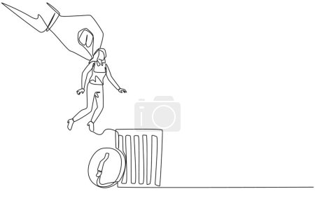 Téléchargez les illustrations : Continuous one line drawing businesswoman is lifted by a giant hand and will be put into a trash can. Get fired. Business must continue to run. Economical. Single line draw design vector illustration - en licence libre de droit