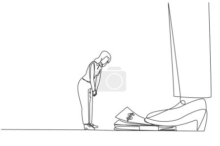 Illustration for Single one line drawing businesswoman nodded in front of giant foot stepping on wad of banknotes. Failed to get bonus. Didn't reach the target. Regret. Continuous line design graphic illustration - Royalty Free Image