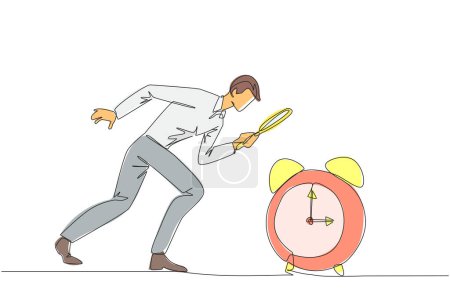Illustration for Continuous one line drawing of businessman holding magnifying glass looking at alarm clock. Super busy businessman, always working overtime. Workaholic. Single line draw design vector illustration - Royalty Free Image