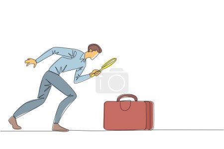 Illustration for Continuous one line drawing of businessman holding magnifying glass highlights the briefcase. Immediately tidied up his briefcase to go on a business trip. Single line draw design vector illustration - Royalty Free Image