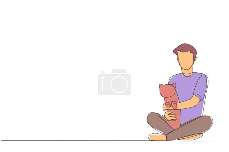 Illustration for Single one line drawing of young energetic man sitting cross-legged hugging a little cat. Loving her pet cat is like loving other family members. Animal lovers. Continuous line graphic illustration - Royalty Free Image