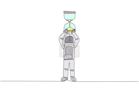 Ilustración de Una sola línea continua dibujando al joven astronauta energético levantar un gran reloj de arena por encima de la cabeza. Una herramienta que se usa para contar las salidas hacia el espacio exterior. Espacio cósmico profundo. Ilustración vectorial de diseño de una línea - Imagen libre de derechos