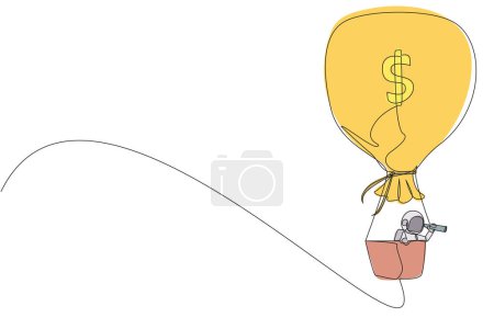 Ilustración de Una sola línea dibujando joven astronauta enérgico usando monocular, volando con la bolsa de dinero del globo de aire caliente. Aspectos destacados de la superficie lunar. Galaxia espacio profundo. Ilustración gráfica de diseño de línea continua - Imagen libre de derechos