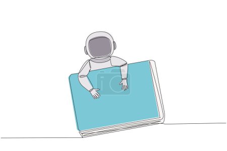 Illustration for Continuous one line drawing young astronaut hugging laptop. Prepare to transmit data needed by team on earth. Processing of water discovery data on moon. Single line draw design vector illustration - Royalty Free Image