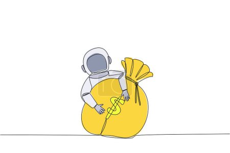 Ilustración de Una sola línea continua dibujando astronauta abrazando bolsa de dinero. El equipo de expedición regresa a la Tierra. Los astronautas recibieron honorarios que van más allá de lo esperado. Un astronauta rico. Ilustración vectorial de diseño de una línea - Imagen libre de derechos