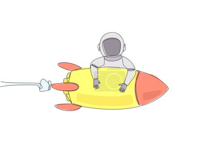 Ilustración de Una sola línea dibujando un joven astronauta enérgico abrazando un cohete volador. Hacer un aterrizaje en la tierra después de una expedición exitosa. Galaxia cósmica espacio profundo. Ilustración gráfica de diseño de línea continua - Imagen libre de derechos