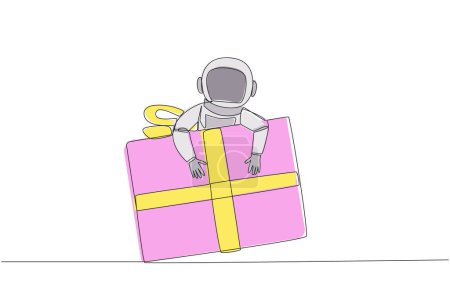 Ilustración de Una sola línea continua dibujo astronauta abrazando caja de regalo. La caja de regalo con cinta ha sido preparada por el equipo de expedición. Listo para dar al equipo en la tierra. Cósmico. Ilustración vectorial de diseño de una línea - Imagen libre de derechos
