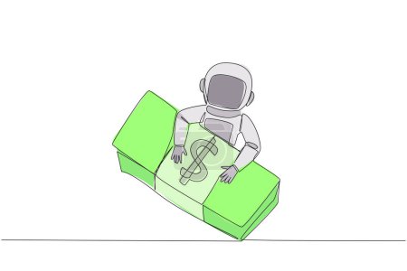 Illustration for Continuous one line drawing astronaut hugging pile of banknotes. Got donations from parties who support the implementation of the expedition. Spaceflight. Single line draw design vector illustration - Royalty Free Image