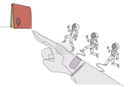Ilustración de Dibujo continuo de una línea 3 astronautas corriendo con una mano de astronauta gigante cuyo dedo apunta al tablero redondo. Trabajo en equipo enfocado hacia la flecha hacia arriba. Ilustración vectorial de diseño de línea única - Imagen libre de derechos