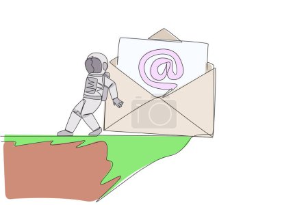 Ilustración de Una sola línea dibujando astronauta empujado icono de correo electrónico gigante hacia abajo con la espalda desde el borde del acantilado. Elimina los correos electrónicos que distraen al equipo durante las expediciones. Ilustración gráfica de diseño de línea continua - Imagen libre de derechos