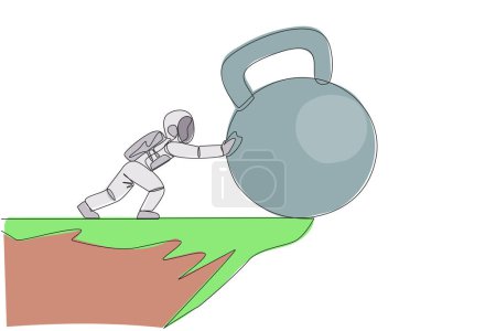 Ilustración de Una sola línea continua dibujando astronautas empuja una campana de agua gigante sobre el borde de un acantilado. El ejercicio construye músculo en el espacio. El concepto de hombre duro en el espacio exterior. Ilustración vectorial de diseño de una línea - Imagen libre de derechos