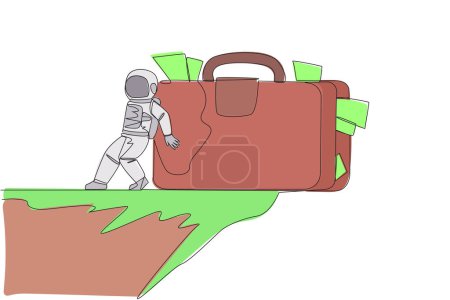Ilustración de Una sola línea dibujando astronauta empujó el maletín gigante hacia abajo con la espalda desde el borde de un acantilado. Un hombre duro en el espacio exterior. Concepto espacial de galaxia cósmica. Ilustración gráfica de diseño de línea continua - Imagen libre de derechos