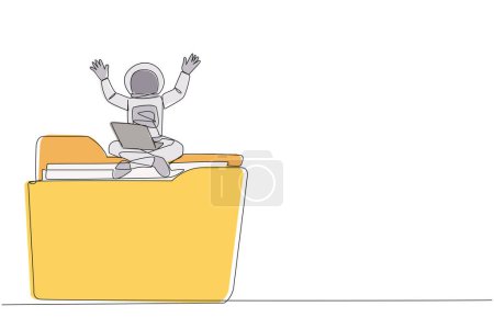 Ilustración de Una sola línea dibujando joven astronauta enérgico sentado en carpeta gigante sosteniendo portátil levantar ambas manos. Deléitese con el éxito de arreglar los datos rotos de la expedición. Diseño de línea continua gráfico - Imagen libre de derechos