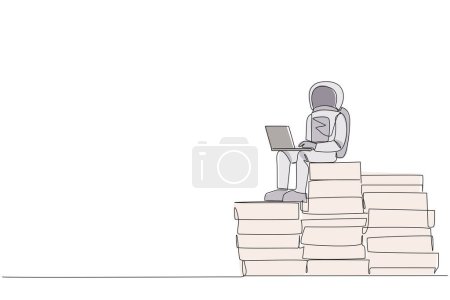 Ilustración de Una sola línea dibujando joven astronauta enérgico sentado en una pila de papeles gigantes escribiendo portátil. Escriba notas diarias durante la expedición. Espacio galáctico. Ilustración gráfica de diseño de línea continua - Imagen libre de derechos