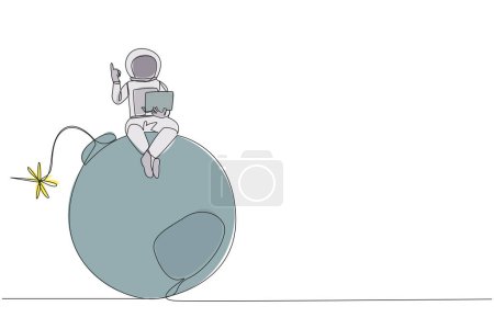 Ilustración de Una sola línea continua dibujando al joven astronauta sentado en una gran bomba con un fusible en llamas sosteniendo la computadora portátil levantar una mano. Las expediciones imprudentes ponen en peligro la investigación. Ilustración vectorial de diseño de una línea - Imagen libre de derechos