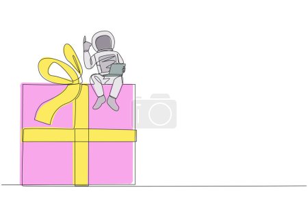Illustration for Continuous one line drawing young energetic astronaut sitting on giant gift box holding laptop raise one hand. Awesome space gift. Cosmonaut outer space. Single line draw design vector illustration - Royalty Free Image