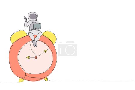 Ilustración de Continuo dibujo de una línea joven astronauta enérgico sentado en el reloj de alarma gigante sosteniendo portátil levantar una mano. Plazo de trabajo en la planificación del lanzamiento de la nave espacial. Ilustración vectorial de diseño de línea única - Imagen libre de derechos