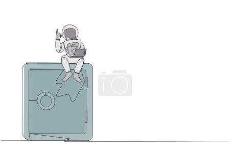 Ilustración de Una sola línea continua que dibuja al astronauta energético joven sentado en la caja fuerte gigante que sostiene el ordenador portátil levanta una mano. Almacene los datos de la expedición en un lugar seguro. Ilustración vectorial de diseño de una línea - Imagen libre de derechos
