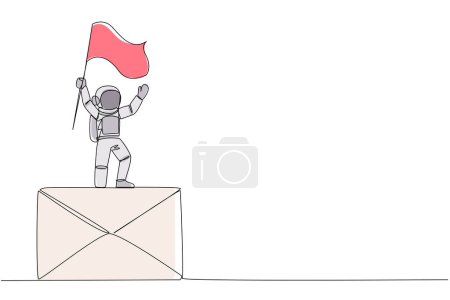 Ilustración de Una sola línea dibujando al joven astronauta parado en el icono gigante del correo electrónico sosteniendo la bandera ondeante. Recibí un correo electrónico del equipo en la tierra para completar rápidamente la expedición. Diseño de línea continua gráfico - Imagen libre de derechos