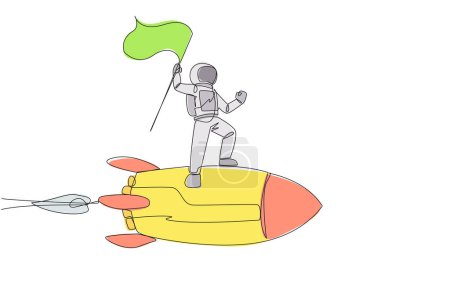 Ilustración de Una sola línea dibujando a un joven astronauta enérgico parado en un cohete volando a través del cielo sosteniendo una bandera ondeante. Viaje espacial a la luna. Cosmonauta. Ilustración gráfica de diseño de línea continua - Imagen libre de derechos