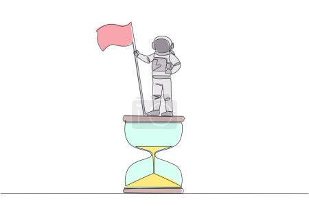 Ilustración de Una línea continua dibujando al joven astronauta enérgico de pie sobre un reloj de arena gigante sosteniendo una bandera ondeante. La expedición a Marte se acerca al final de la obra. Ilustración vectorial de diseño de línea única - Imagen libre de derechos