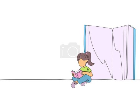 Single continuous line drawing happy girl sitting in front of a big open book reading a book. Serious and focus learning increases insight. Book festival concept. One line design vector illustration