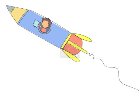 Continuous one line drawing boy flying on a rocket reading a book. Always reading books anywhere. The book inspires to become a scientist. Book festival. Single line draw design vector illustration