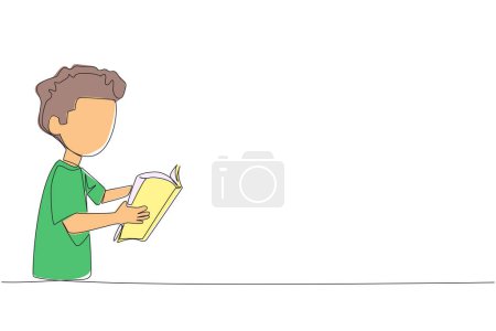 Single one line drawing boy are very focused on reading a book. Reading fiction story books during school holidays. Book festival concept. Very good habit. Continuous line design graphic illustration
