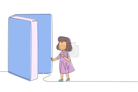 Single continuous line drawing girl opened the book-shaped door. Books can open mind and see everywhere. Increase knowledge about the wider world. Book festival. One line design vector illustration