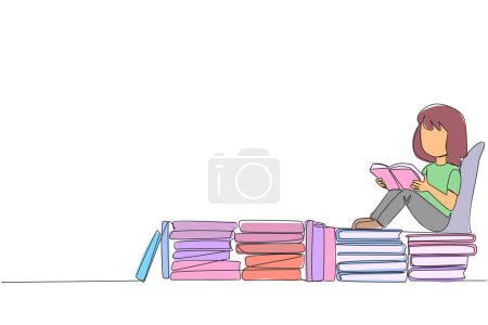 Continuous one line drawing girl sitting relaxed reading a book on pile of books. Relax while reading fiction books. Enjoy the storyline. Book festival concept. Single line design vector illustration