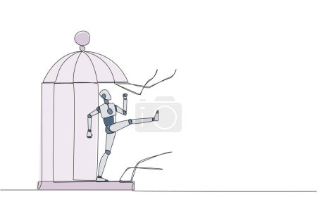 Single one line drawing robot trapped in the cage kick the caged until wrecked. Freedom of expression for the smooth running of business. Distractions. Continuous line design graphic illustration