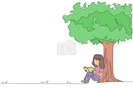 Single one line drawing girl sitting reading a book under shady tree. Continuing the second volume of the fiction story book. Enjoy reading. Book festival. Continuous line design graphic illustration