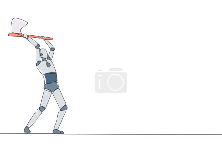 Single continuous line drawing smart robot swinging an axe. Style like a lumberjack. Strong. Muscular. Powerful. Sports for physical health. Awareness. AI tech. One line design vector illustration