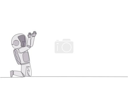 Continuous one line drawing astronaut kneeling raising hands to pray. Praying to make it easier to do business. Astronaut lost hope. Surrender. Sadness. Single line draw design vector illustration