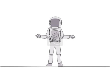 Ilustración de Una línea continua dibujando al joven astronauta de pie derecho con los brazos abiertos. Solitario y triste astronauta lamentando negocios subdesarrollados. Gerente infeliz. Ilustración vectorial de diseño de línea única - Imagen libre de derechos