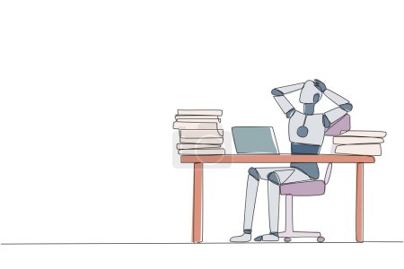 Continuous one line drawing smart robot sitting on office chair. Curious to see stock price on a laptop screen that don't increase. Stressful robotic. Tech. Single line draw design vector illustration