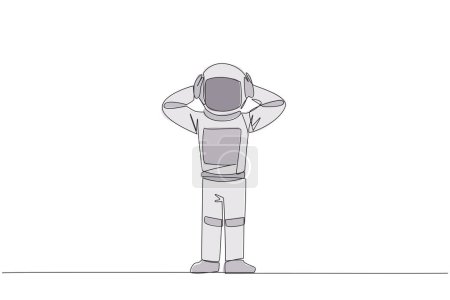 Continuous one line drawing astronaut standing straight holding head with both hands. Gestures excited or surprised. Unusual facial expressions. Startled. Single line draw design vector illustration