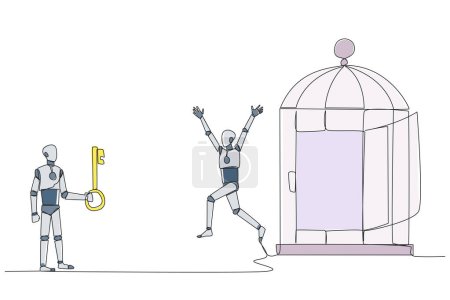 Single one line drawing smart robot who was free by colleague from the trap of a cage. Teamwork metaphor. Growing business together. Great relationship. Continuous line design graphic illustration