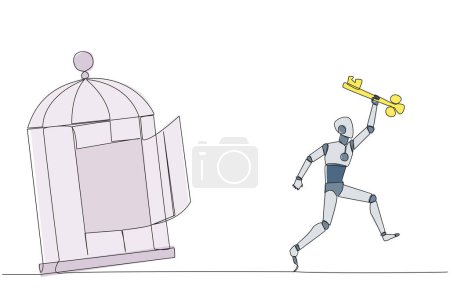 Single continuous line drawing smart robot running out of the cage holding the key. Concept of freedom from something that binds. Freedom to advance business. One line design vector illustration