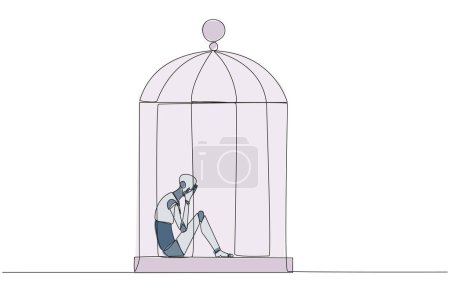 Single continuous line drawing smart robotic trapped in the cage sitting covering face. Feel utterly defeated. Trapped in a dirty business. Mentally tired. Lost. One line design vector illustration