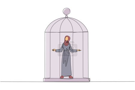 Eine durchgehende Linie zeichnet eine arabische Geschäftsfrau, die mit offenen Armen in einem Käfig gefangen ist. Kapitulation vor der Situation. Gezwungen, im Käfig zu bleiben. Das Geschäft wächst nicht. Illustration eines Linien-Designvektors