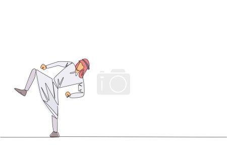 Eine einzige Linie zeichnet einen arabischen Geschäftsmann, der Taekwondo-Bewegungen macht. Fußtritte. Starke Beine. Das Geschäft mit dem Sport. Bleiben Sie gesund und stark. Durchgehende Liniengestaltung grafische Illustration